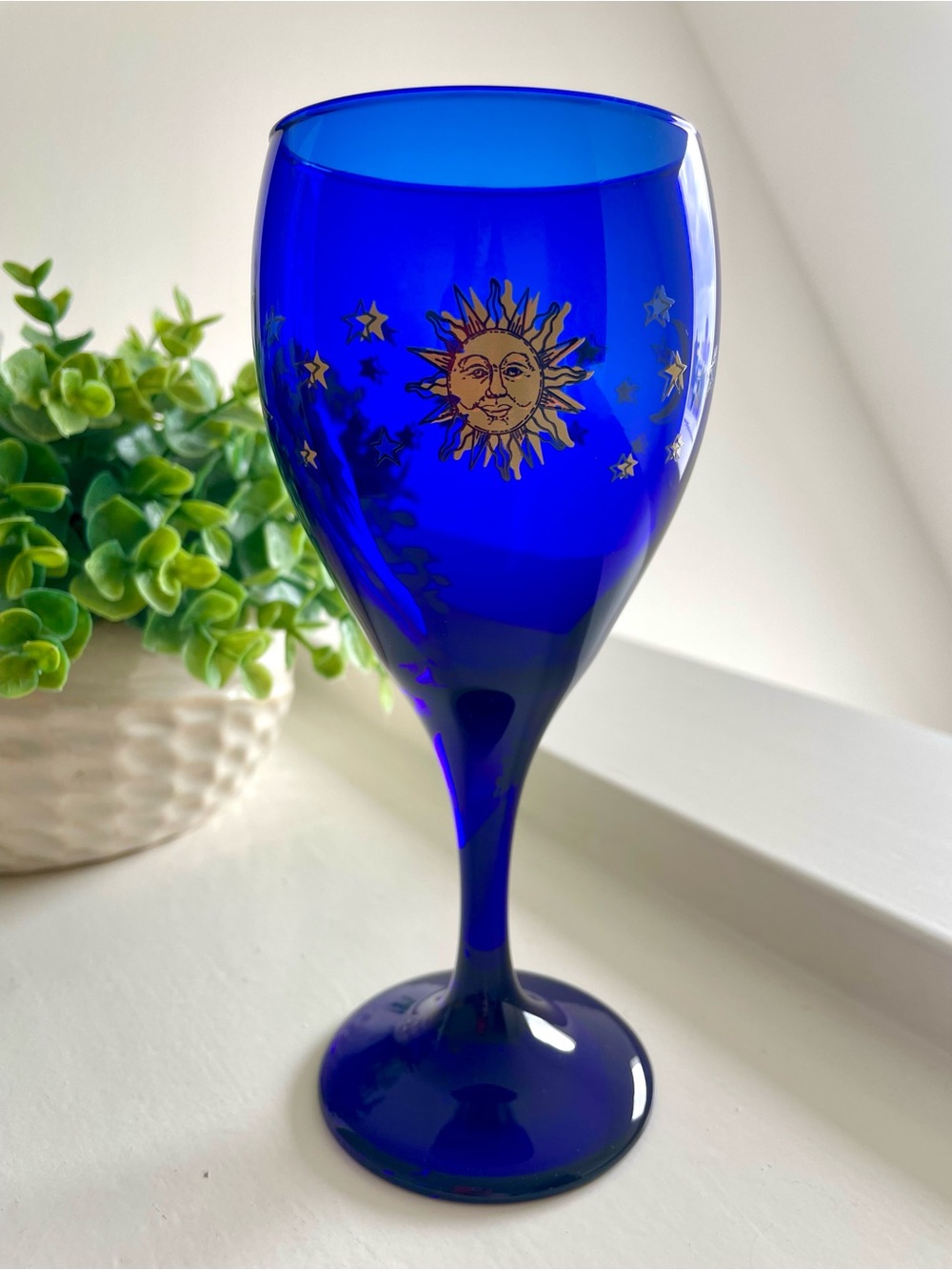 Libbey Celestial Goblet Glass SUN MOON STARS Glass (One) Cobalt Blue Vintage